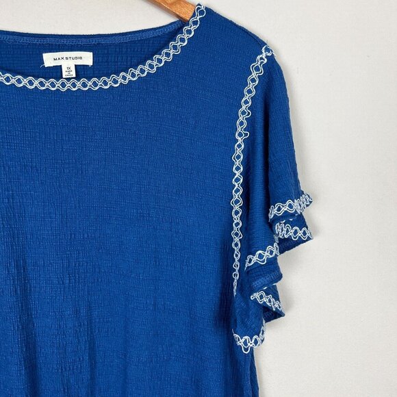 Max Studio Top Womens 1X Blue Flutter Sleeve Crew Neck Embroidered Hi Low Blouse - Picture 4 of 10